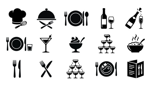 Collection of black and white dining and restaurant icon set featuring food beverages cutlery and chef equipment symbols, restaurant