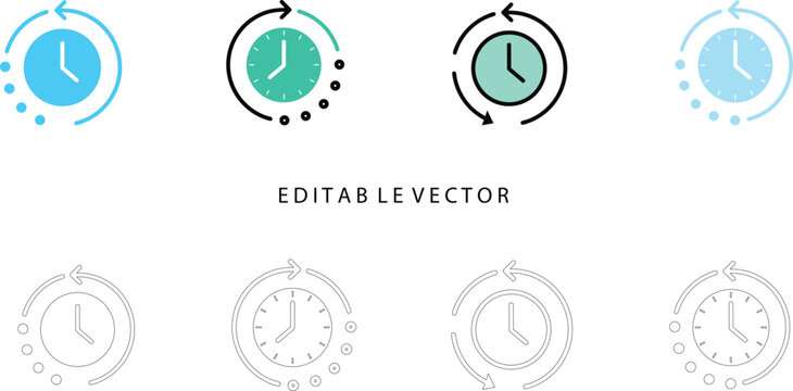 Collection of four clock with circular arrows and dots, in various color schemes and line styles