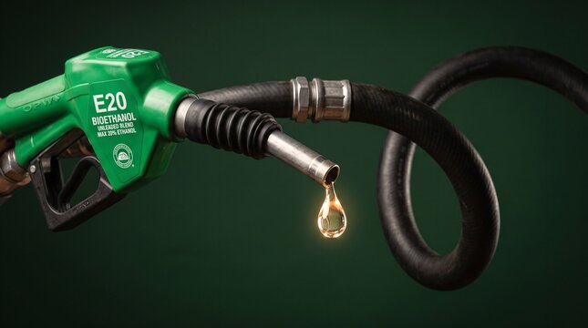 E20 bioethanol fuel nozzle and curved hose with eco drop on dark green background