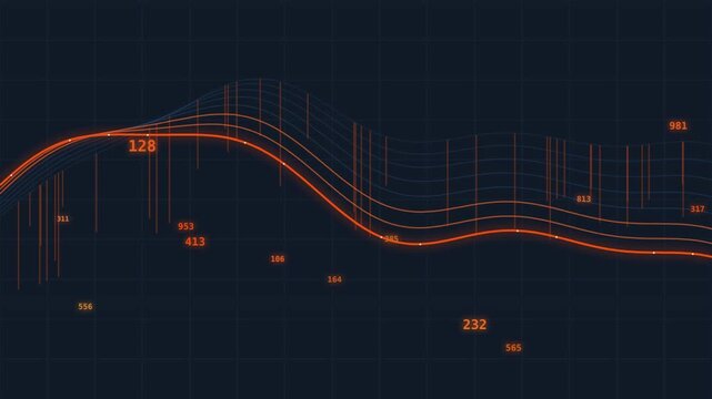 Abstract financial data visualization with orange glow line graph and blue grid.