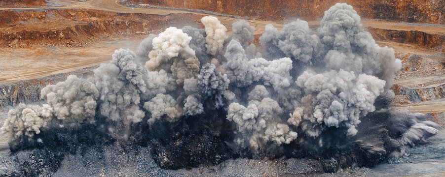 Explosive blast in open pit mine revealing raw earth layers and mineral extraction, industry panorama