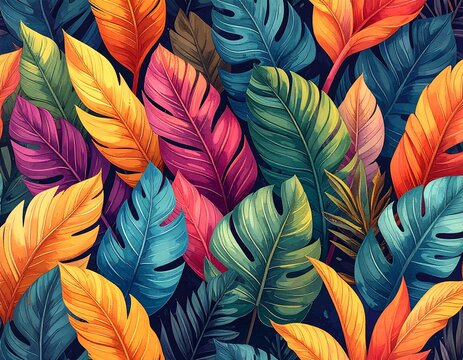 A vibrant tropical illustration showcases densely packed, stylized leaves in an array of bright hues
