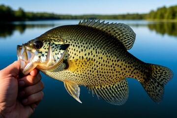 Fototapeta premium Fisherman hand holds fresh caught crappie fish near lake water. Angler grip shows wild aquatic animal skin texture, fins. Sunny summer day outdoors active hobby lifestyle. Successful sport fishing