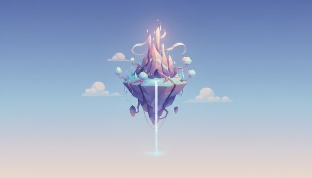 Surreal floating island in the sky. Fantasy landscape with a magical waterfall and clouds.