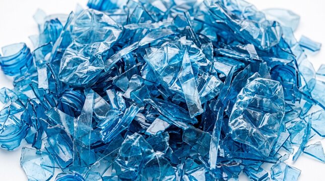 Crushed blue plastic fragments for recycling.