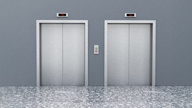 Front view of elevator doors on the corridor. 3D illustration