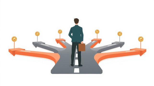 Businessperson standing at a crossroads choosing between multiple strategic paths for future professional growth success with representing complex strategic