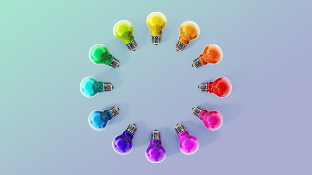 Multi colored lightbulbs in circle formation. 3D illustration