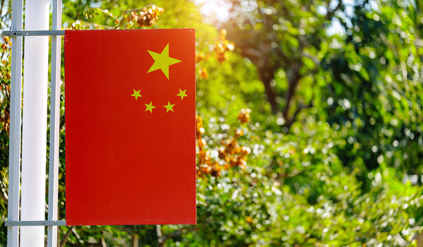 Chinese flag displayed fluttering on pole with leafy background, sunlight