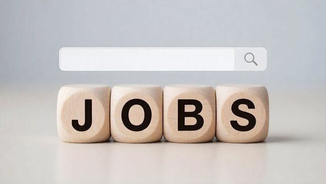 Minimalist wooden block spelling jobs with search bar icon for career and employment visuals