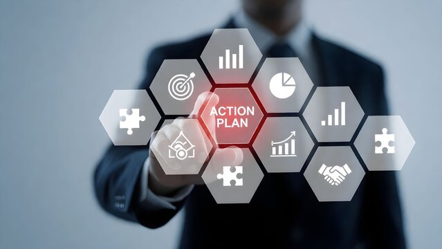 Business professional demonstrating action plan strategy with interactive digital board