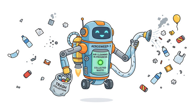 Friendly robot cleaning up trash and pollution with a hose.