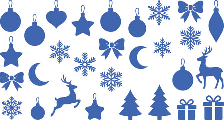 Collection of blue christmas ornaments snowflakes deer and ribbons with christmas ornament snowflake decoration celebration isolated background invitation collection reindeer minimalist © brandesiner