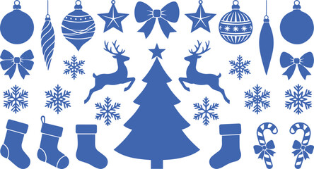 Christmas and winter holiday icons set with tree and ornaments christmas ornaments snowflakes reindeer stockings decorations seasonal celebration graphics elements isolated background © brandesiner