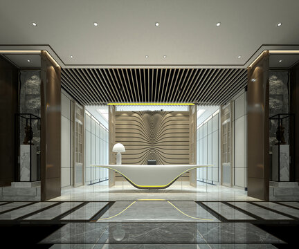 Modern building entrance reception lobby hall, 3d rendering