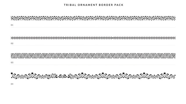 Four black tribal ornament borders on a white background, isolated on a, transparent background