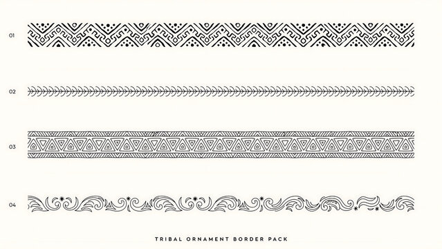 Four black tribal ornament borders on a white background, isolated on a, transparent background