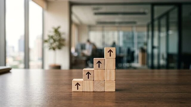 Business growth concept with wooden blocks being stacked in office setting high angle.