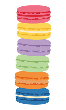 Colorful stack of sweet macarons in a vertical tower with vibrant flat colors isolated on white background. Minimalist dessert and bakery concept