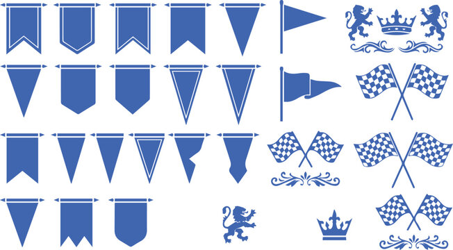 Set of pennant banners and racing flags with heraldic symbols pennants heraldic competition graphics elements collection isolated background checkered sporting decoration championship