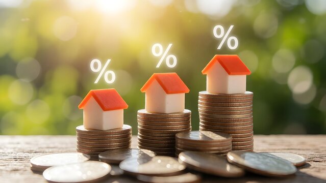 Colorful stacked coins with miniature houses symbolizing real estate investment growth and financial returns