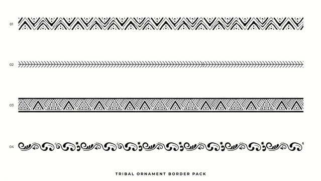Four black tribal ornament borders with geometric and floral patterns isolated on a transparent background