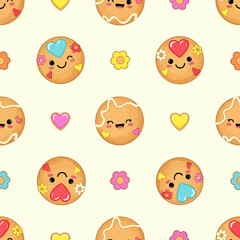 Fototapeta premium Cute Kawaii Cookies and Flowers Pattern