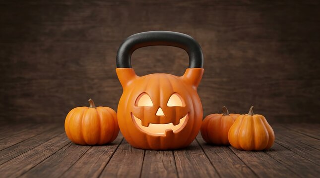 Jack O Lantern Kettlebell with Pumpkins Halloween Fitness Gym Concept 3D Render Glowing Pumpkin Kettlebell on Wooden Floor Background