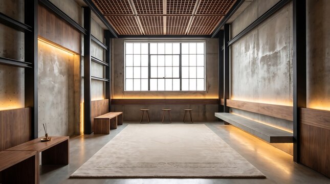 Industrial loft style prayer space with concrete walls and wooden grid ceiling featuring large black framed window and minimalist benches with warm linear lights.