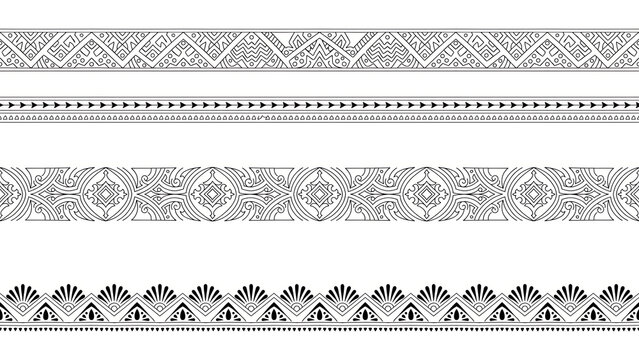 Four decorative black and white ethnic tribal border patterns isolated on a transparent background