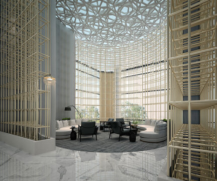 Modern building entrance reception lobby hall, 3d rendering