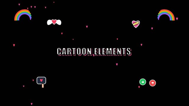 A collection of colorful cartoon elements and social media icons on a black background.