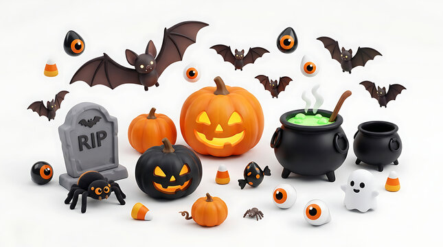 Halloween Objects on White Background 3D Spooky Elements Pack with Pumpkins Tombstone Bats Cauldrons Ghosts Candy and Eyeballs Isolated Set