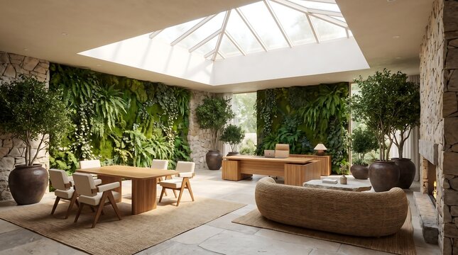 Modern office interior with living green wall natural light from skylight and organic furniture creating biophilic design.