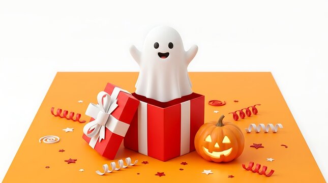Cute Ghost Emerging From Gift Box Halloween Surprise Concept 3D Render with Pumpkin and Confetti Isolated on White Background