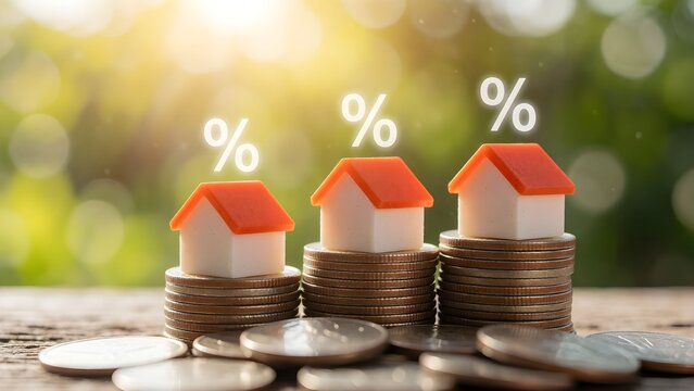 Minimalist illustration of stacked model houses growing on coins symbolizing real estate investment growth