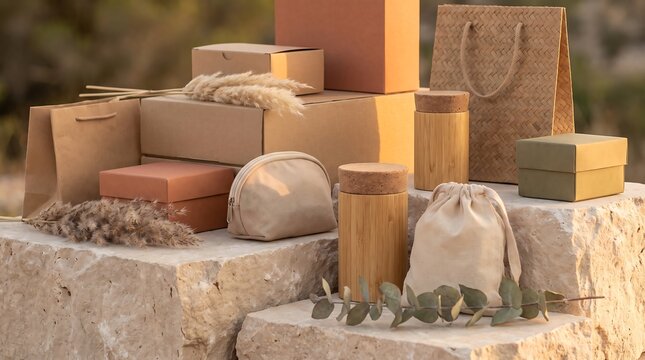 Various eco-friendly packaging options, including cardboard boxes, paper bags, and reusable containers, on natural stone blocks outdoors.