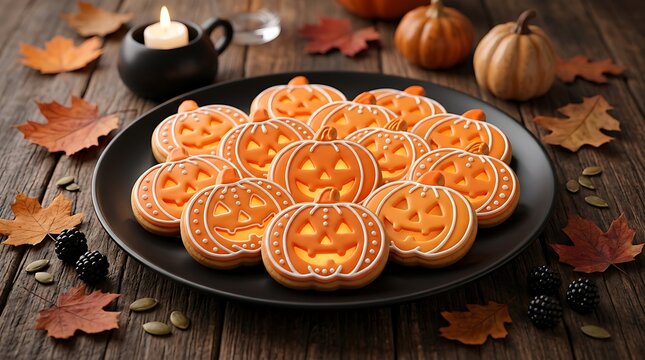 Halloween Cookies on Black Plate Pumpkin Shaped Iced Biscuits Rustic Wooden Table Setup with Autumn Leaves Candle and Pumpkins Background