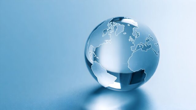 Minimalist reflective globe with world map under soft blue lighting