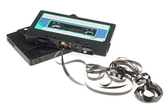 Two black audio tape compact cassettes isolated on a white background. Music audio cassettes.