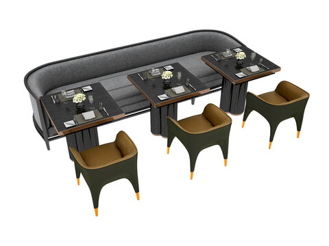 Modern restaurant cafe seats and table decor, 3d rendering