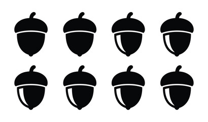 Acorn Icons: A set of stylized black acorn icons showcasing various shades and reflections, perfect for graphic design projects related to nature, autumn, or growth © Jibit