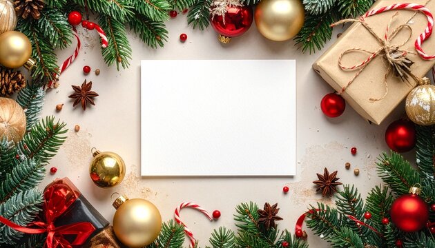 Weihnachtskugeln liegen auf Tannenzweigen im Winter f&uuml;r dekorative Gru&szlig;karten