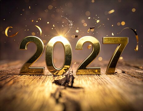 Goldene Jahreszahl 2027 feiert Silvester und Neujahr mit gl&auml;nzendem Konfetti f&uuml;r Party und Event