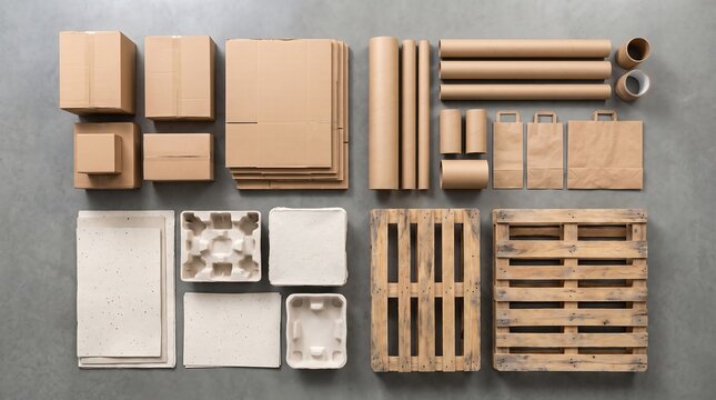 Cardboard shipping boxes mailing tubes and paper bags with molded pulp inserts and wooden shipping pallets arranged on grey warehouse concrete floor background.