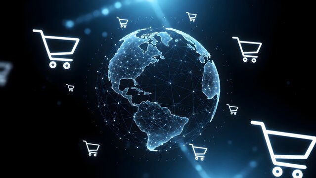 Futuristic global ecommerce network with glowing shopping carts and digital earth illustration