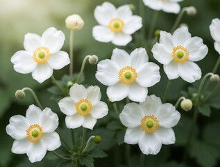 Fototapeta premium White Japanese anemone flowers bloom in garden. Fresh green leaves surround delicate white petals with yellow center. Beautiful perennial plants grow in nature during summer. Bright floral botanical