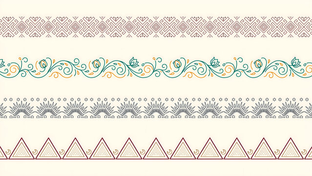 Four decorative borders with geometric and floral patterns isolated on a transparent background