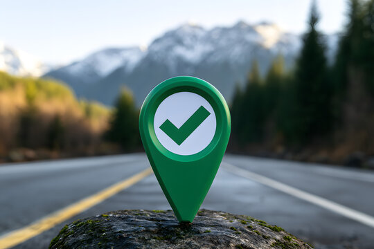 A verdant location marker is placed along the road, marked with a check symbol. In the backdrop, one can see mountains and foliage. The milestone sign indicates that a target has been achieved.