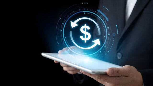 Professional holding tablet with digital currency growth and financial expansion icons